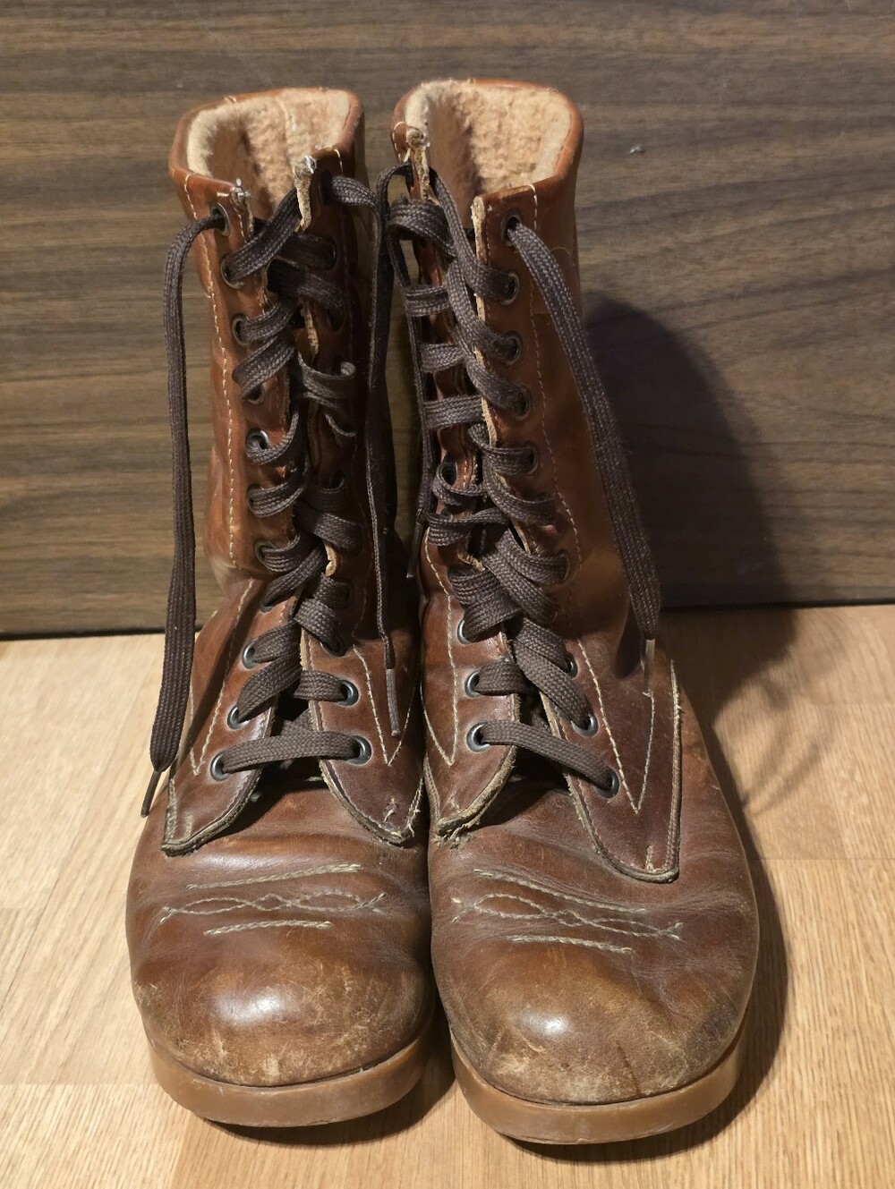 Romanian Military Brown Leather Mid-Calf Lace-Up Boots Fur Lined Unisex 9W/7.5M